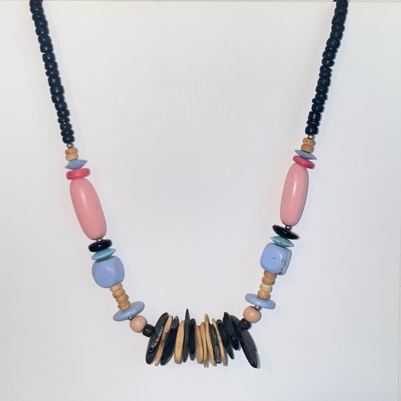 Vintage 80s Wood Bead and Stone Chip Statement Piece Necklace Pastels & Black - Picture 3 of 9